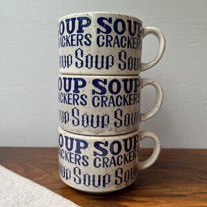 3 Soup Mugs Inscriptions Soup Crackers Grey & Blue Black Inclusions 1970s